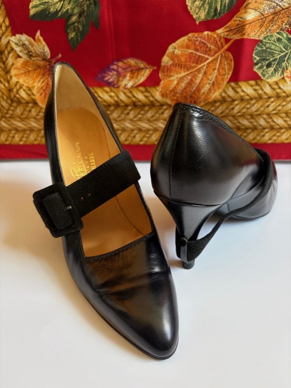 pierre balmain by harel haute couture kidskin black pump with suede wrap strap buckle c.1990 1991