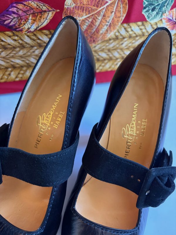 pierre balmain by harel haute couture kidskin black pump with suede wrap strap buckle c.1990 1991