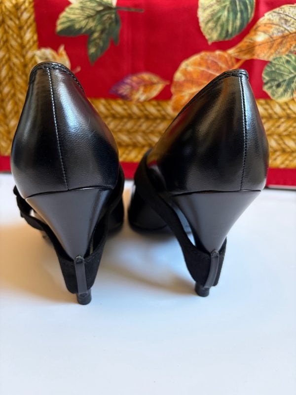 pierre balmain by harel haute couture kidskin black pump with suede wrap strap buckle c.1990 1991