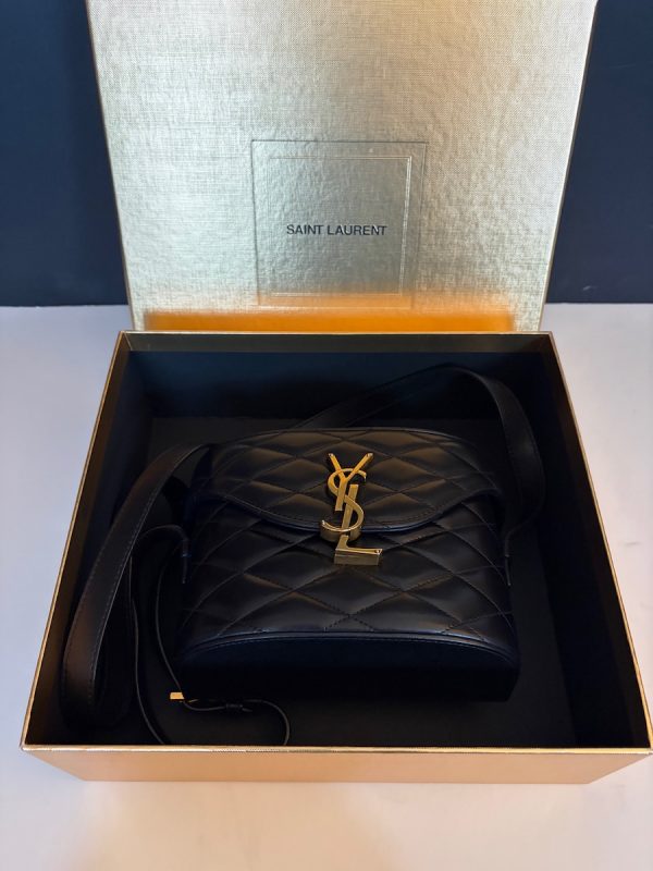 saint laurent ysl gold logo june box black bag diamond quilted lambskin w/box