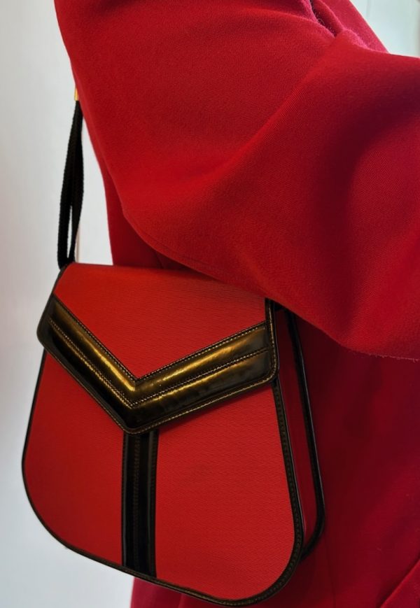 yves saint laurent vintage russian collection y red moire leather trimmings bag c.1980s