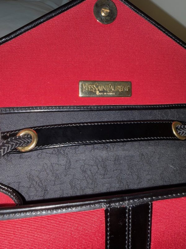 yves saint laurent vintage russian collection y red moire leather trimmings bag c.1980s