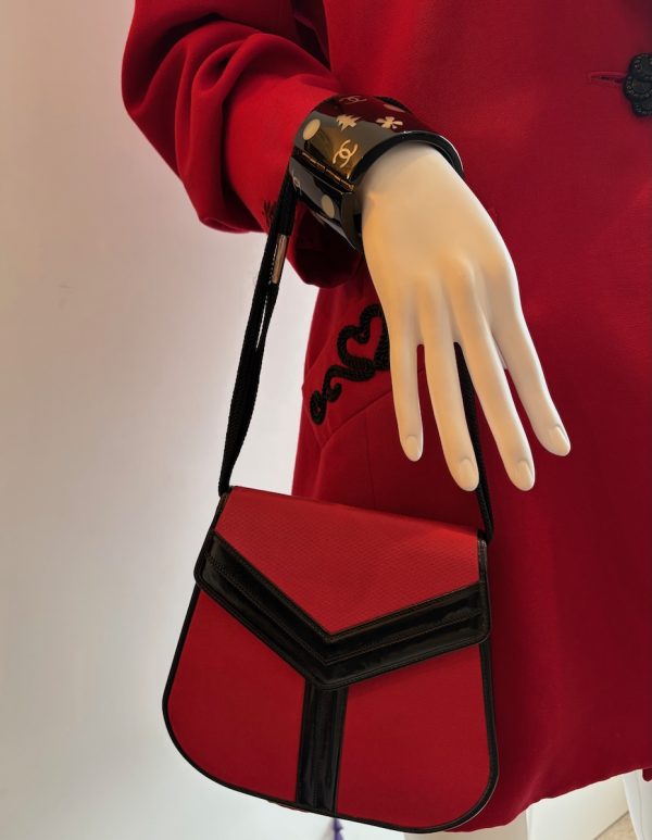 yves saint laurent vintage russian collection y red moire leather trimmings bag c.1980s