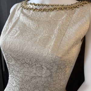 1960 french couture evening cream floral dress jacquard brocade pearls & sequins