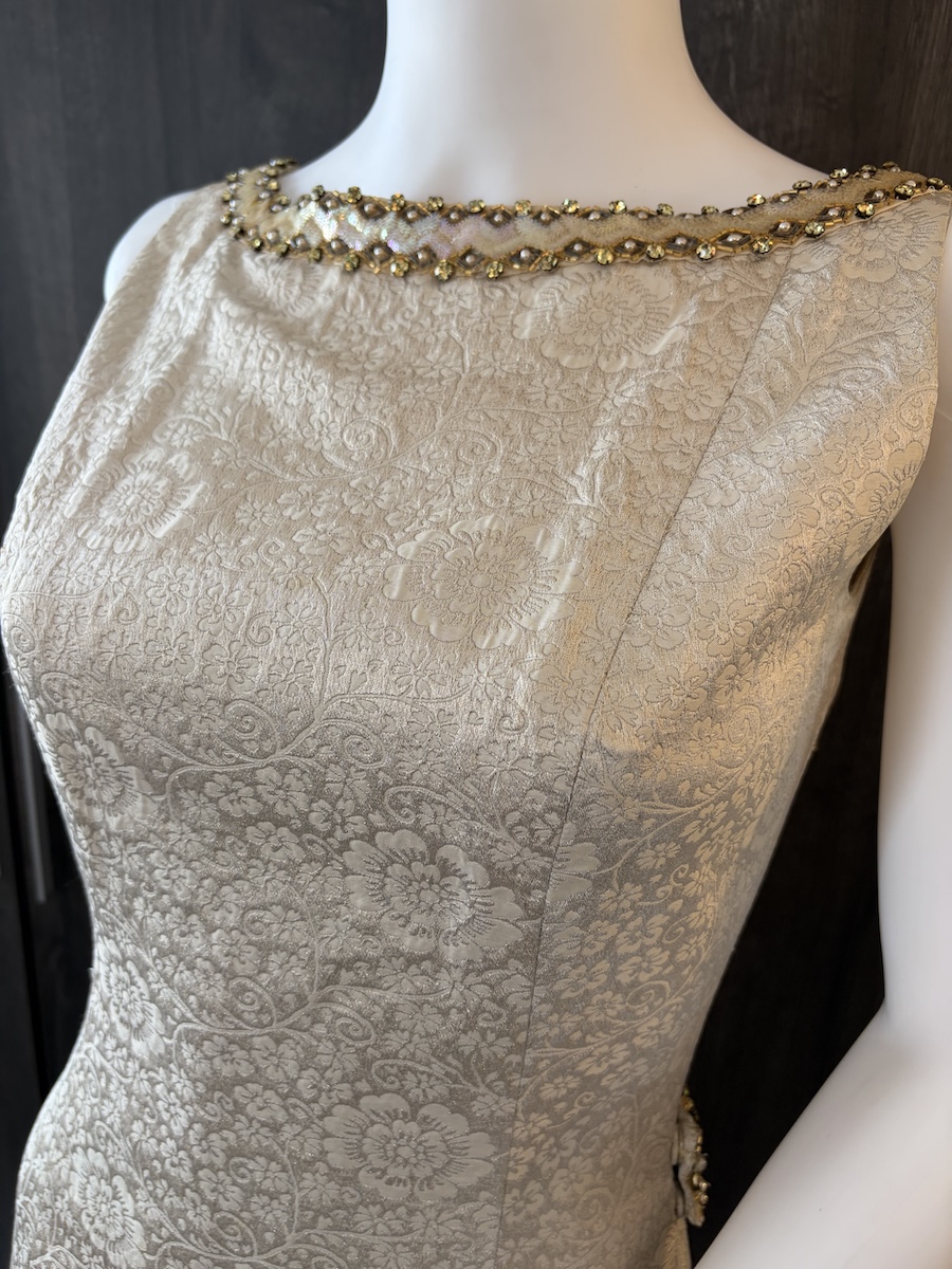 1960 french couture evening cream floral dress jacquard brocade pearls & sequins