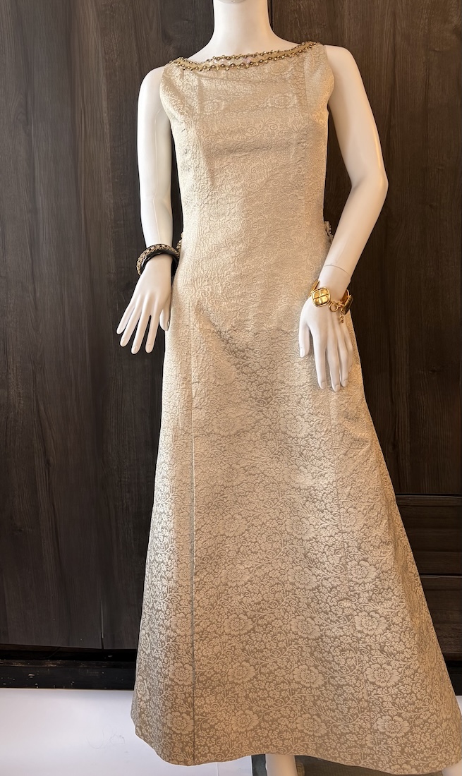 1960 french couture evening cream floral dress jacquard brocade pearls & sequins