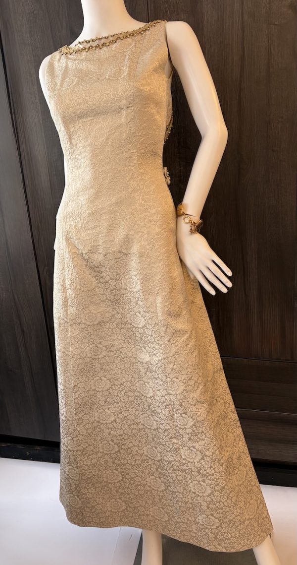 1960 french couture evening cream floral dress jacquard brocade pearls & sequins
