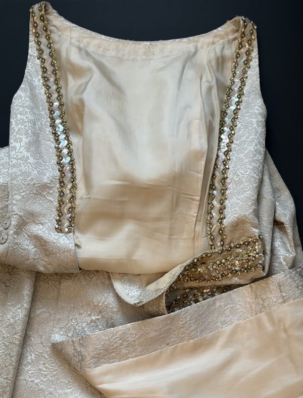 1960 french couture evening cream floral dress jacquard brocade pearls & sequins