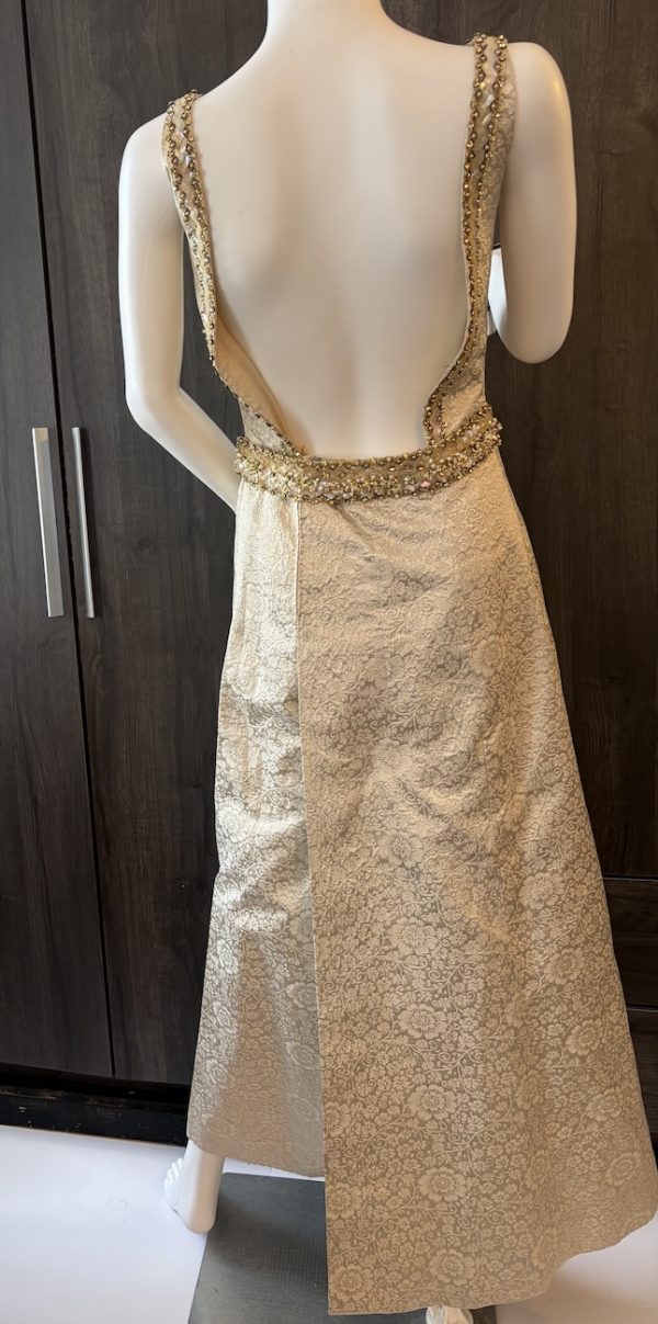 1960 french couture evening cream floral dress jacquard brocade pearls & sequins