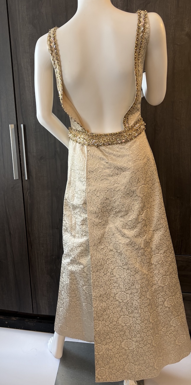 1960 french couture evening cream floral dress jacquard brocade pearls & sequins