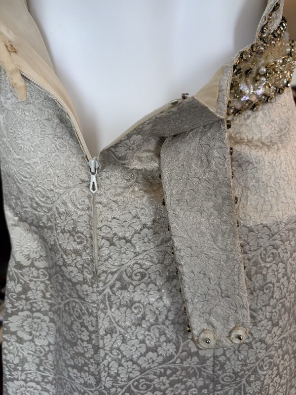 1960 french couture evening cream floral dress jacquard brocade pearls & sequins