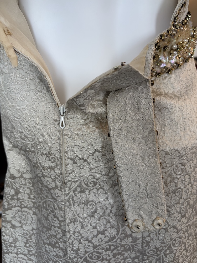 1960 french couture evening cream floral dress jacquard brocade pearls & sequins