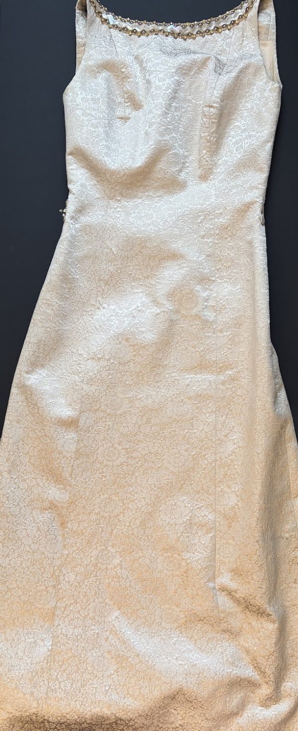 1960 french couture evening cream floral dress jacquard brocade pearls & sequins
