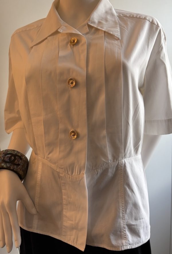 1980s chanel vintage white pleated v cut blouse with chanel jewel buttons