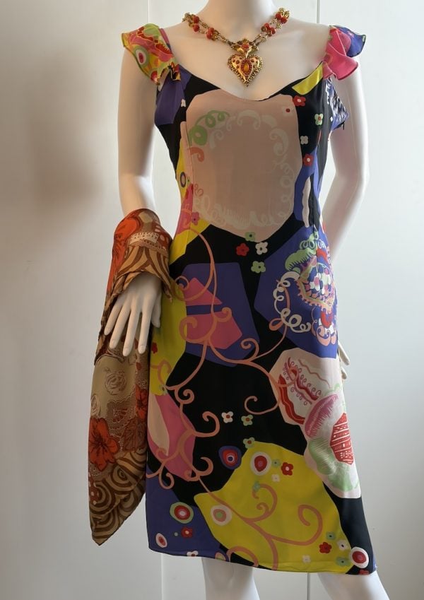 1990s christian lacroix silk chiffon chantilly lace ruffle sleeves vintage dress