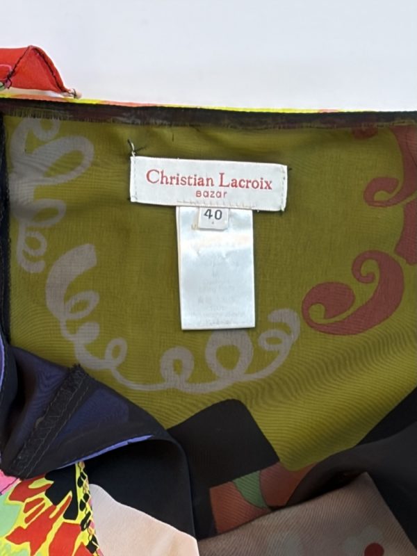 1990s christian lacroix silk chiffon chantilly lace ruffle sleeves vintage dress