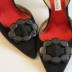 1990s christian lacroix slingback high heels black flower buckle shoes