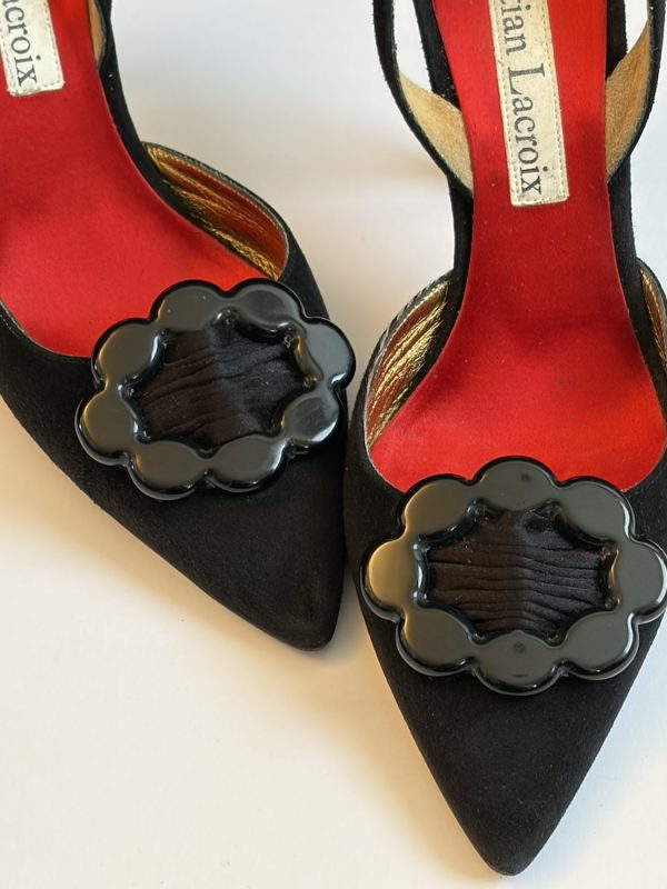 1990s christian lacroix slingback high heels black flower buckle shoes