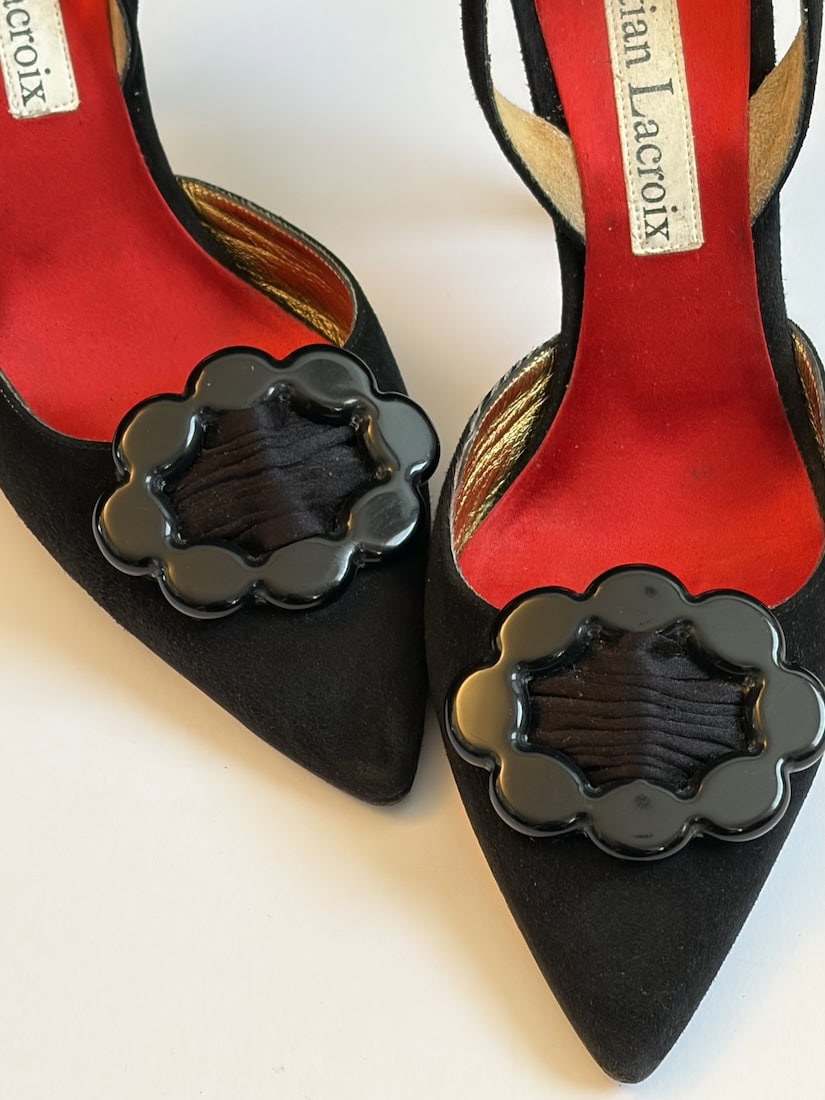 1990s christian lacroix slingback high heels black flower buckle shoes