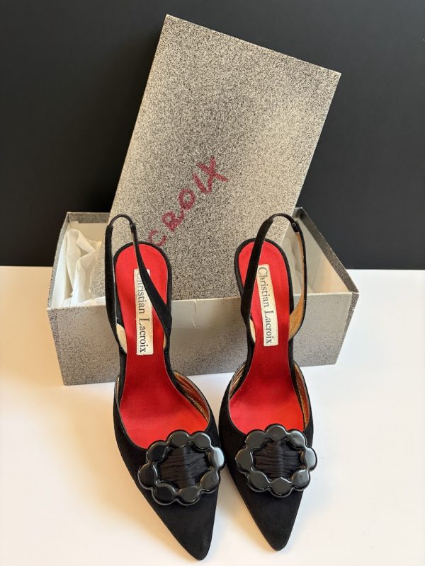 1990s christian lacroix slingback high heels black flower buckle shoes