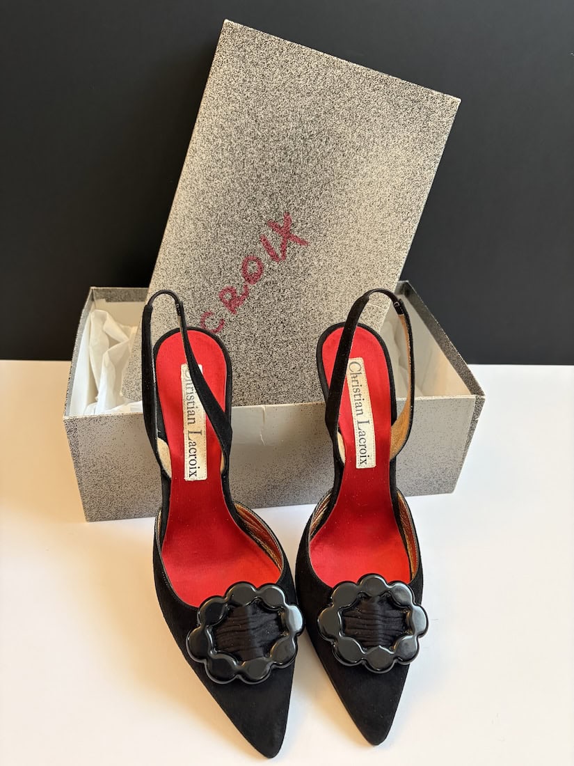 1990s christian lacroix slingback high heels black flower buckle shoes