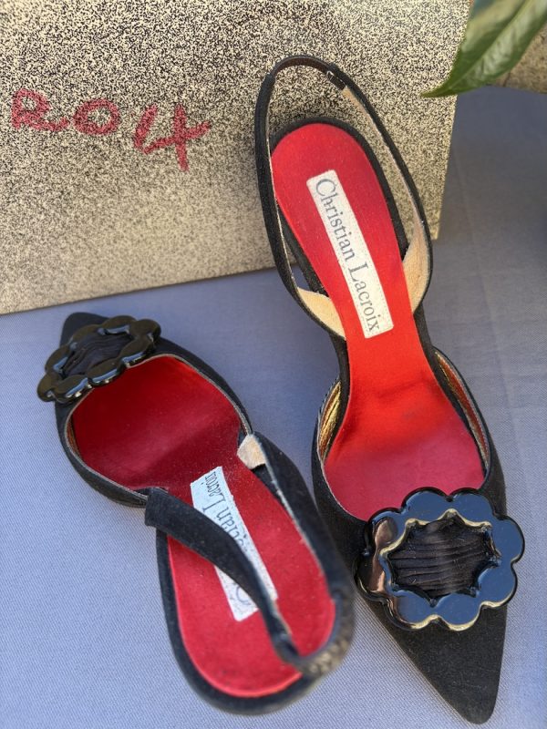 1990s christian lacroix slingback high heels black flower buckle shoes