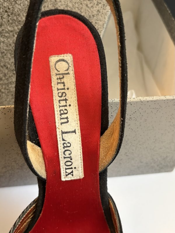 1990s christian lacroix slingback high heels black flower buckle shoes