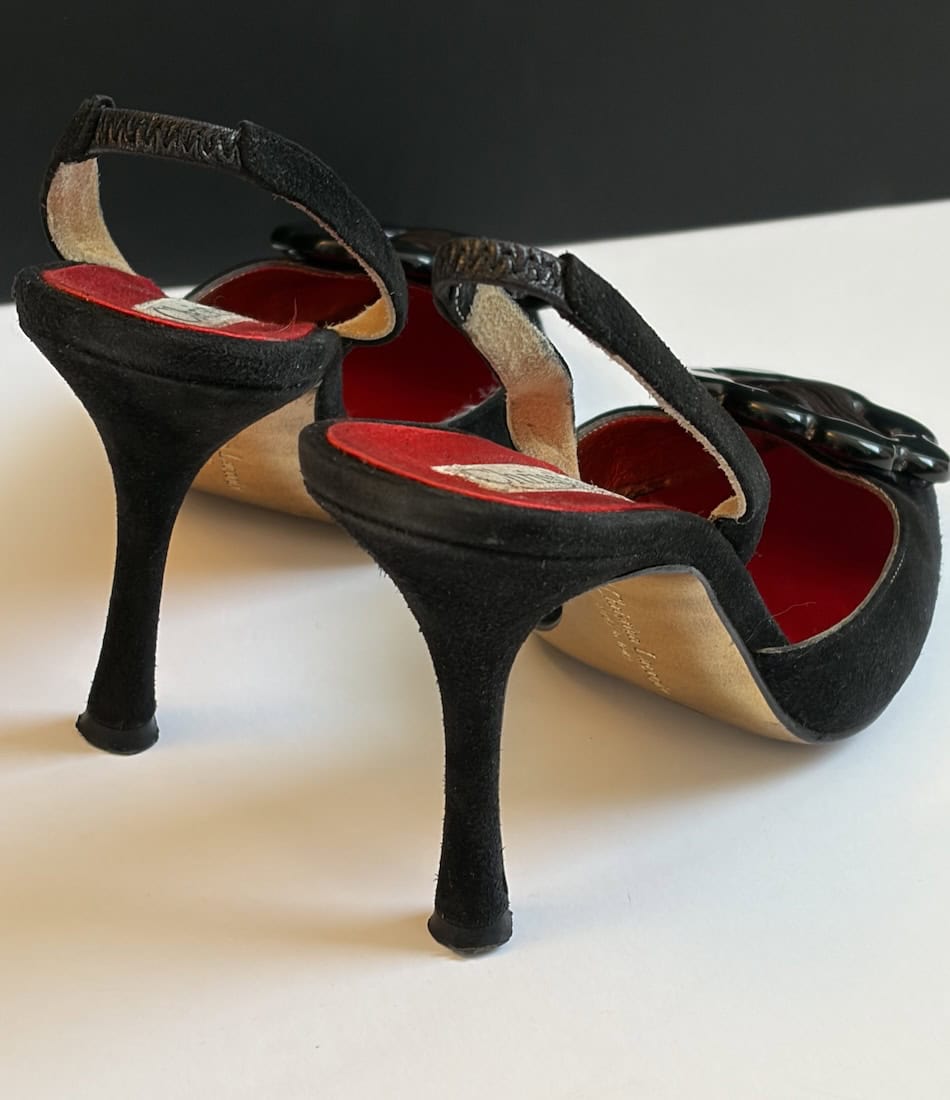 1990s christian lacroix slingback high heels black flower buckle shoes
