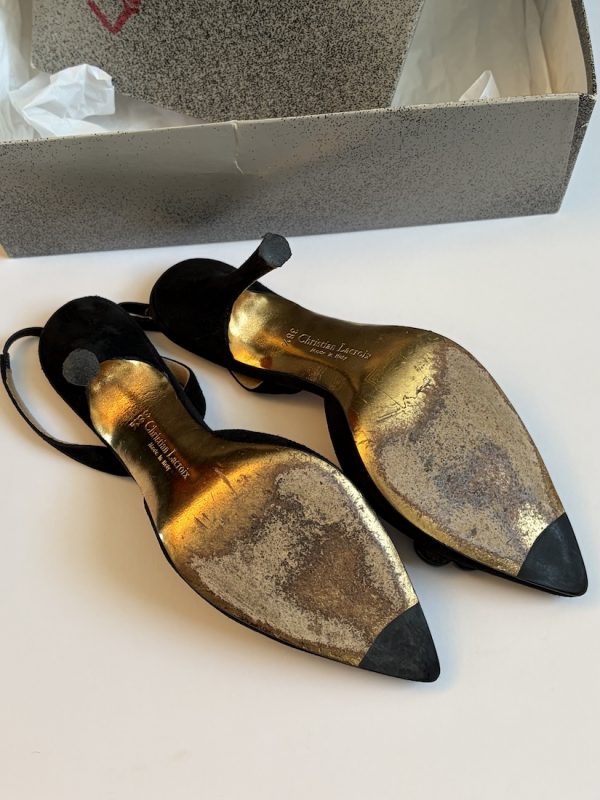 1990s christian lacroix slingback high heels black flower buckle shoes