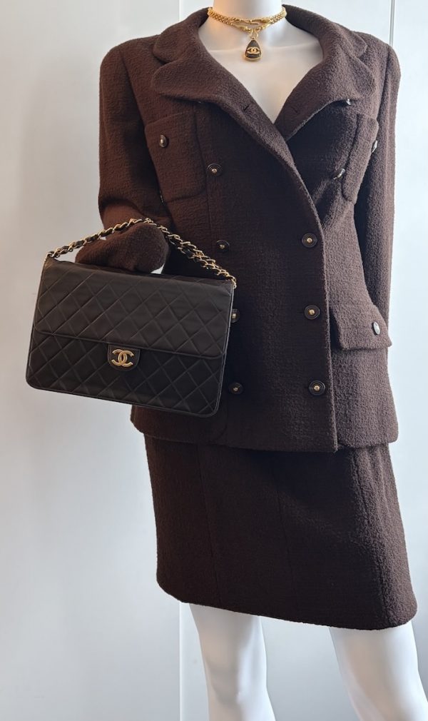 1995 chanel vintage runway archival chocolate brown tweed boucle suit collection 95a