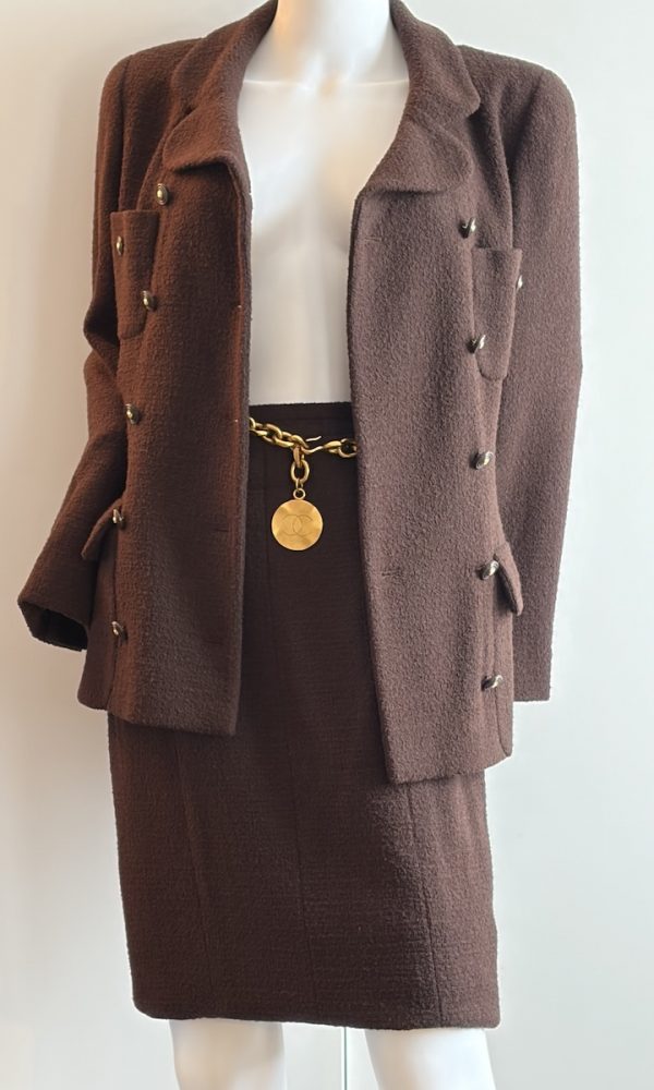 1995 chanel vintage runway archival chocolate brown tweed boucle suit collection 95a