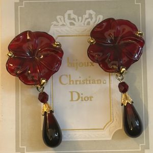 1998 christian dior gripoix drop earrings ruby red flower vintage clip on