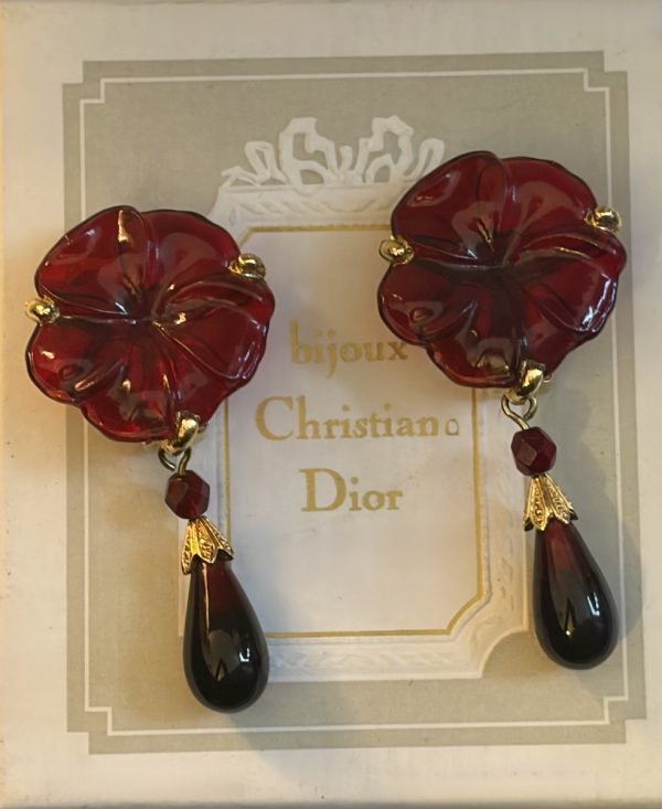 1998 christian dior gripoix drop earrings ruby red flower vintage clip on
