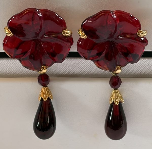1998 christian dior gripoix drop earrings ruby red flower vintage clip on