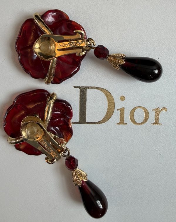 1998 christian dior gripoix drop earrings ruby red flower vintage clip on