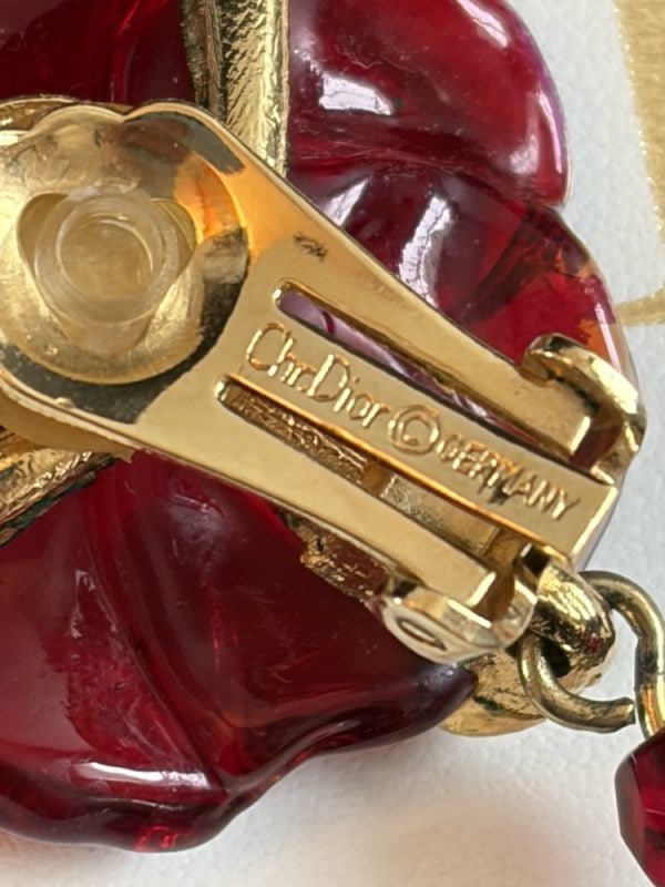 1998 christian dior gripoix drop earrings ruby red flower vintage clip on