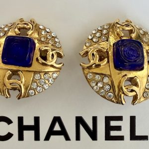 chanel vintage cc logos blue gripoix 24k gold tone diamanté earrings 1984