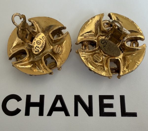 chanel vintage cc logos blue gripoix 24k gold tone diamanté earrings 1984