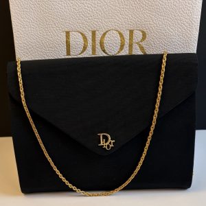 christian dior vintage cd logo black grosgrain shoulder chain clutch bag 1980s