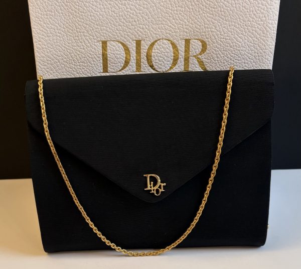 christian dior vintage cd logo black grosgrain shoulder chain clutch bag 1980s
