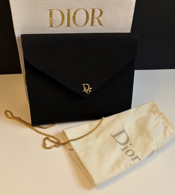 christian dior vintage cd logo black grosgrain shoulder chain clutch bag 1980s
