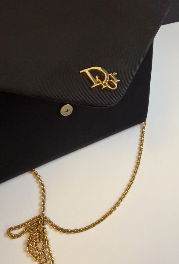 christian dior vintage cd logo black grosgrain shoulder chain clutch bag 1980s