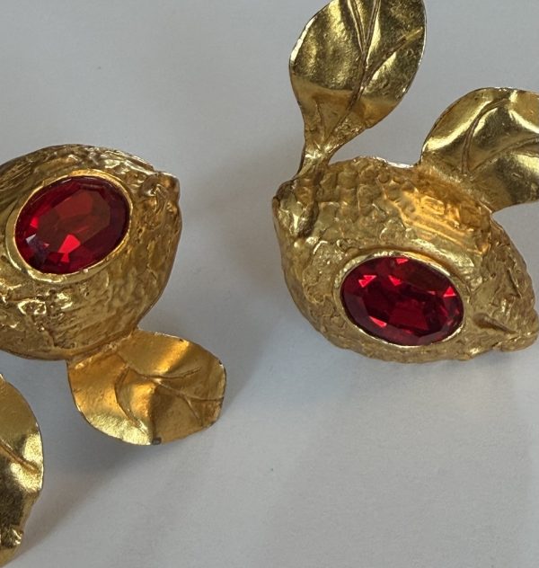 christian lacroix gold tone leaves & red cabochon clip on drop earrings c.1990s