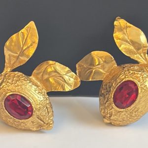 christian lacroix gold tone red & gold drop leaves clip earrings c.1990s
