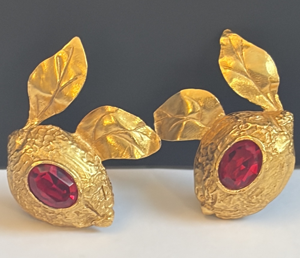 christian lacroix gold tone red & gold drop leaves clip earrings c.1990s