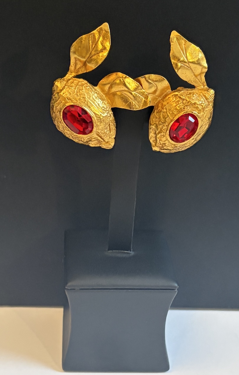 christian lacroix gold tone red & gold drop leaves clip earrings c.1990s
