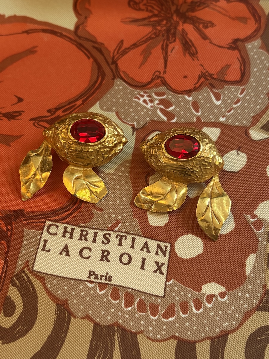 christian lacroix gold tone red & gold drop leaves clip earrings c.1990s