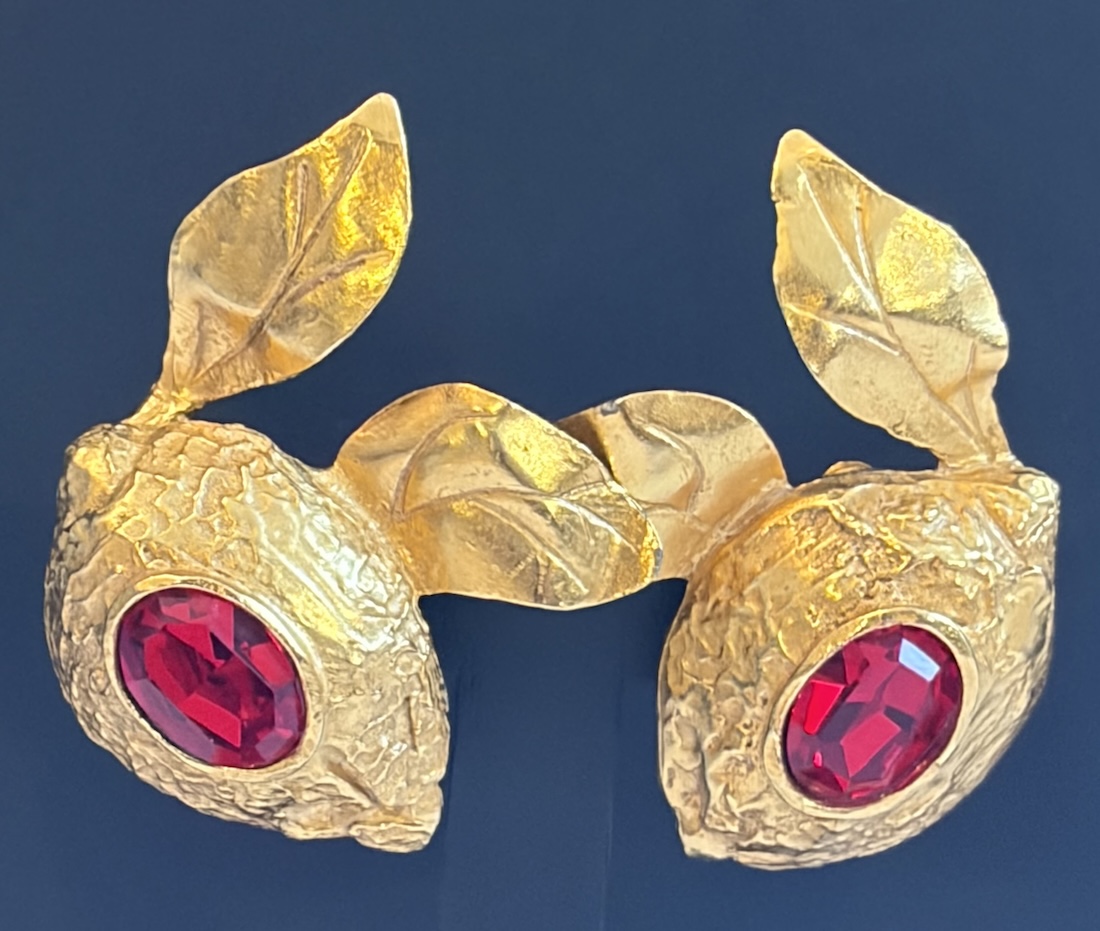 christian lacroix gold tone red & gold drop leaves clip earrings c.1990s