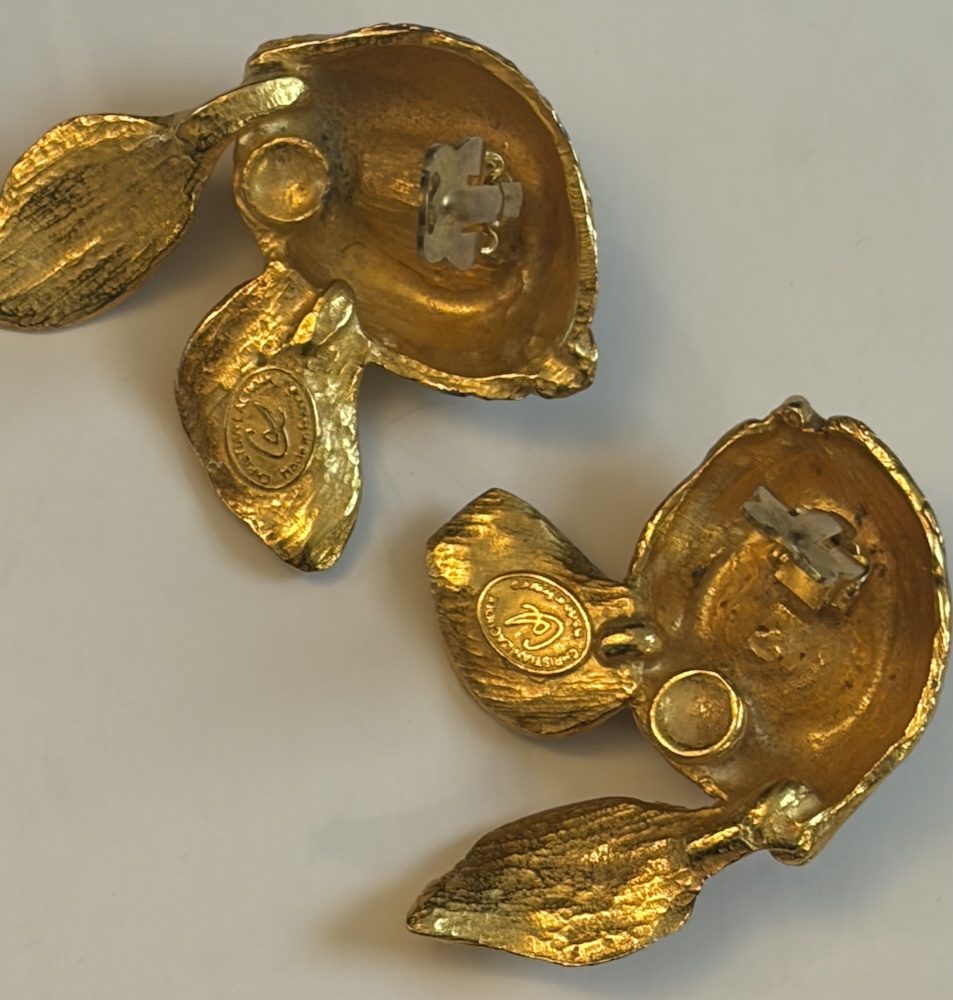 christian lacroix gold tone red & gold drop leaves clip earrings c.1990s