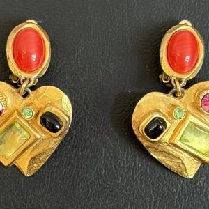 christian lacroix vintage gold tone heart drop earrings multi coloured cabochons 1990s